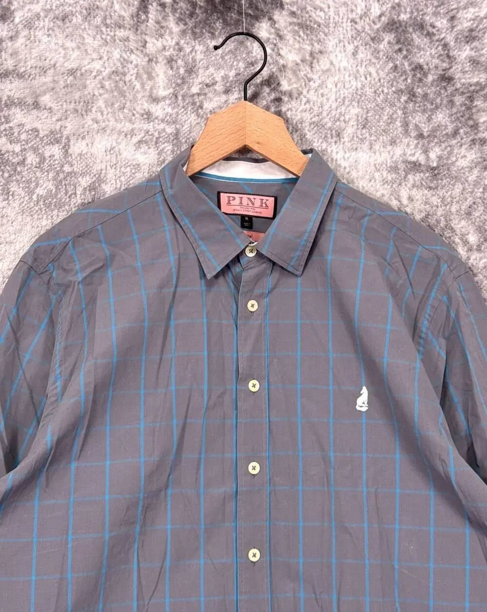 Thomas Pink Casual Shirt XL Mens Gray Windowpane Fox Logo Long Sleeve